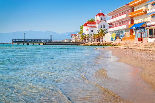 Beautiful Paralia Katerini beach and church, Greece